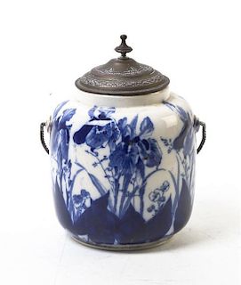 An English Porcelain Biscuit Jar, Height 8 inches.