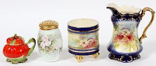 HAND PAINTED PORCELAIN MUFFINEER ETC. 4 PCS.
