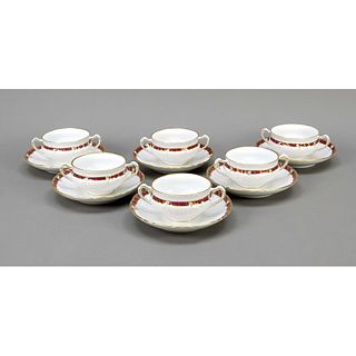 Six soup cups with saucers, KP