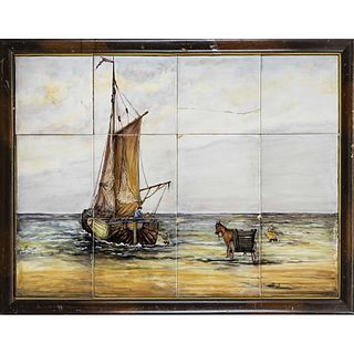 Tile painting with fishing boat,