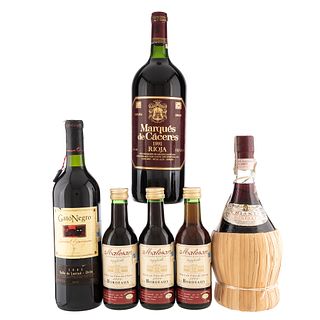 Lote de Vinos Tintos de Francia, España. Marqués de Cáceres Mágnum. En presentaciones de 250 ml. 750 ml. y 1500 ml. Total de piezas: 6.