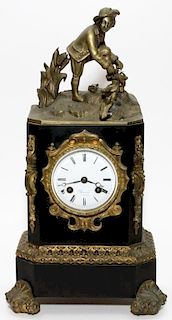 BLACK MARBLE AND DORE BRONZE FRENCH MANTLE CLOCK