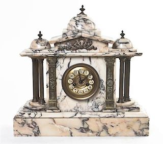 A Victorian Gilt Metal Mounted Marble Mantel Clock, Width 17 1/4 inches.