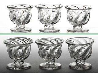PILLAR-MOLDED AND SWIRLED GLASS FOOTED OPEN SALTS, LOT OF SIX