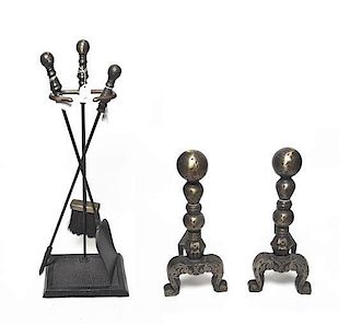 A Set of Fireplace Tools, Height of andirons 14 inches.