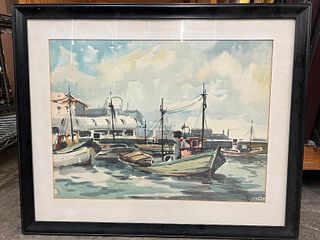 Boats at Dock, Watercolor.