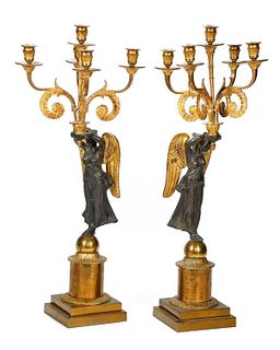 Pair of Gilt-bronze Angel Candelabra.