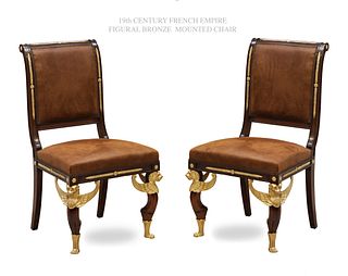 A PAIR OF 19TH C. FRENCH EMPIRE FIGURAL BRONZE MOUNTED CHAIRS