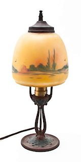 An American Reverse Painted Glass Table Lamp, Height overall 16 1/2 inches.