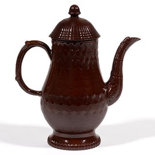 ENGLISH REFINED REDWARE ENGINE-TURNED COFFEE POT