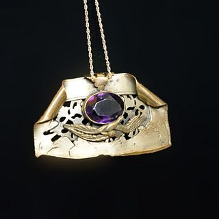 Amethyst & Gold Tone Necklace Marked On Reverse SNJ