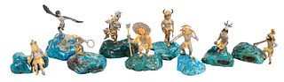 Nine Mikael Redman Gilt Silver and Turquoise Miniature Kachinas