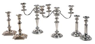 Pair of Silver Plate Candelabra and Four Candlesticks