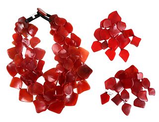 Red Resin Multi Strand Necklace and Clip On Earrings