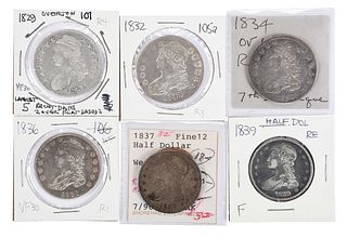 Group of Six Capped Bust Half Dollars, Lettered and Reeded Edge 