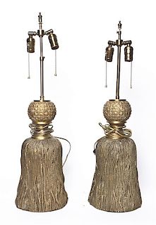 A Pair of Brass Table Lamps, Height overall 29 inches.