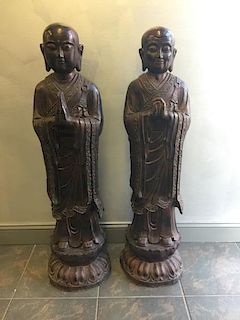 A Fine Pair Of Large Patinated Metal Buddhas