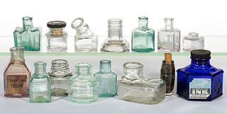 ASSORTED GLASS INKWELLS / BOTTLES, LOT OF 15