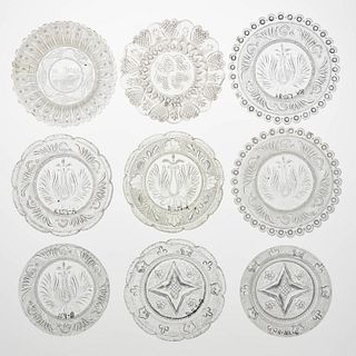 ASSORTED PRESSED GLASS CUP PLATES, LOT OF NINE