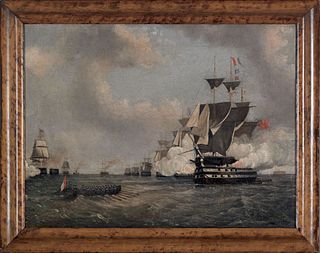 English oil on canvas naval engagement scene, 19th