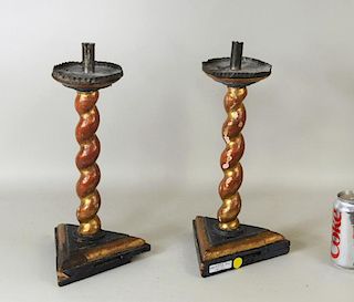 Pair Early Gilt & Polychromed Wood Candlesticks