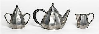 A French Art Deco Pewter Coffee Service, Alice (1872-1951) and Eugene (1872-1925) Chanal, Height of coffee pot 5 1/2 inches.