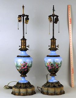 Pair Paris Porcelain Hand Painted Fluid Lamps