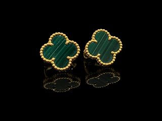 Van Cleef & Arpels 18K Yellow Gold Malachite Vintage Alhambra Earrings
