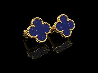 Van Cleef & Arpels 18K Yellow Gold Lapis Lazuli Vintage Alhambra Earrings 