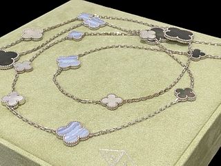 Van Cleef & Arpels Magic Alhambra Long 16 motif 18k White Gold Chalcedony Mother-of-pearl Necklace