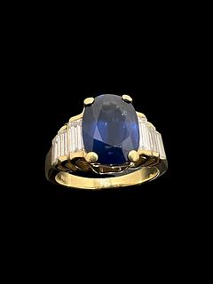 4CT Sapphire and Baguette Diamond Side Stone Engagement Ring Size 7.5