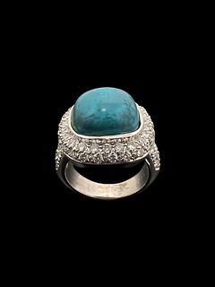 Cabochon Turquoise and Diamond Ring in 18K White Gold Size 6.75