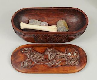 Maori Carved Wood Treasure Box W/Abalone Inlay