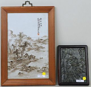 Chinese Porcelain Panel & Spinach Jade Plaque