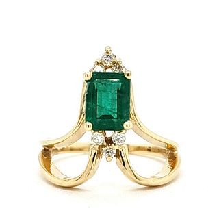 Emerald-Cut Emerald and Diamond Chevron Ring