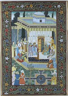 Indian Mughal Painting Royal Figures In Courtyard