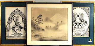 Japanese Framed Silk Painting On Fabric, Mt. Fuji