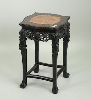 Chinese Carved Hardwood Stand, Rose Marble Top