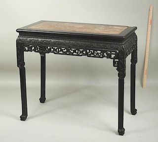 Chinese Carved Hardwood Table W/Rose Marble Top