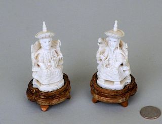 Two Chinese Carved Ivory Dignitaries On Wood Stand