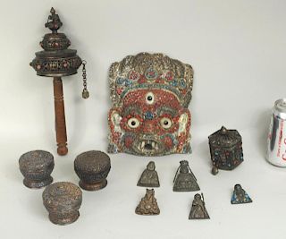 Tibetan Prayer Wheel, Mask, 3 Metal Containers