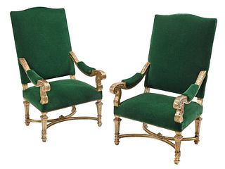 Pair of Louis XIV Style Giltwood and Green Velvet Upholstered Fauteuils a la Reine