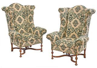 Pair of Louis XIII Style Upholstered Walnut Fauteuils a Oreilles
