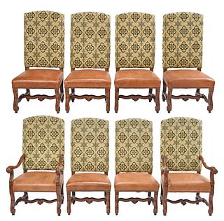 Eight Louis XIV Style Cut Velvet and Leather Upholstered Walnut Dining Chairs