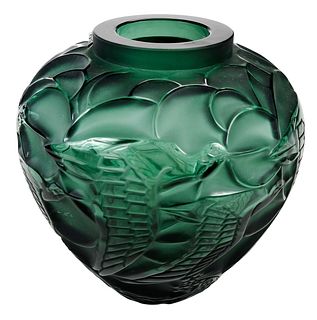 Lalique "Courlis" Green Glass Vase