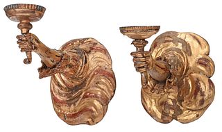 Near Pair of French Figural Gilt Wood Sconces