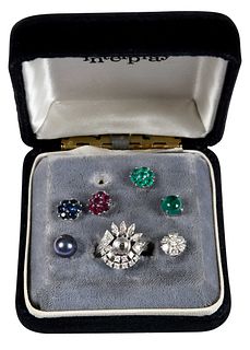One Interchangeable Cocktail Ring Set, Diamonds, Emerald, Ruby, Blue Sapphire, Black Pearl