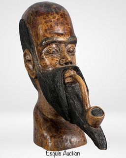 Large 27" Solid Wood African Man with Pipe Bust
