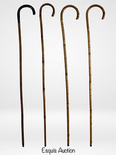 Four Vintage Bamboo Walking Canes with Curved Hand
