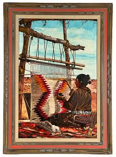Leo J. Milhoan 1975 Navajo Weaver Oil Painting